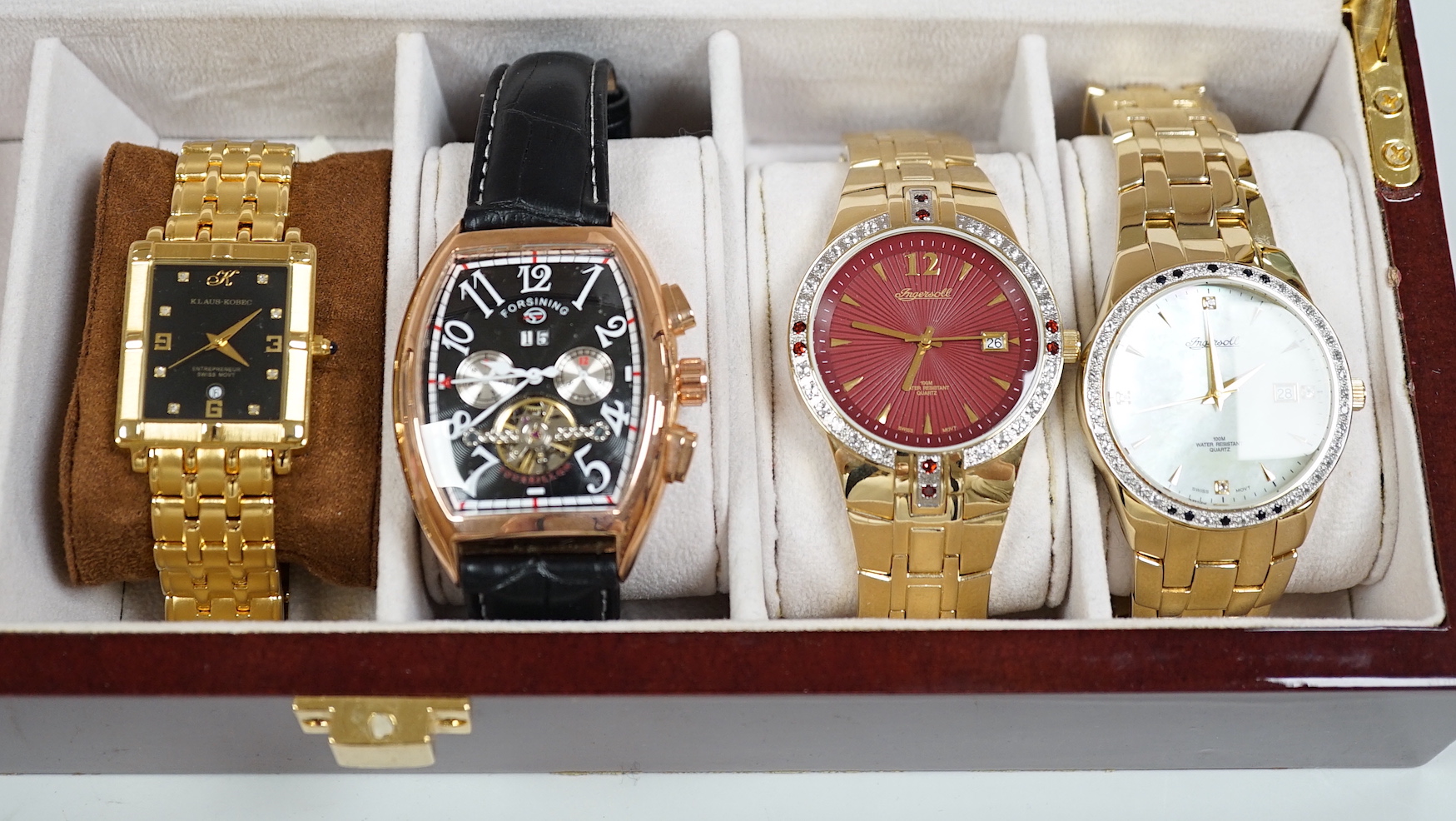 Four gentleman's modern assorted gilt steel mainly quartz wrist watches, including two Ingersoll, a Forsining and a Klauss Kobec.